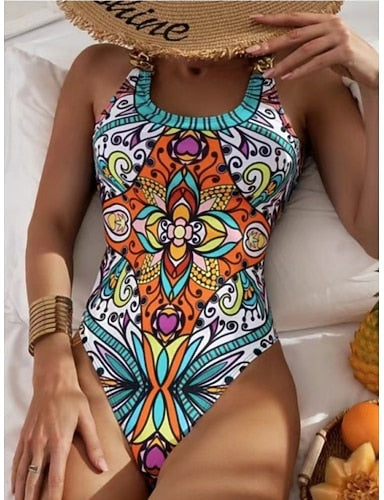 One Piece Swimsuit Slimming Monokini Tummy Control High Waist Slim Backless Vacation Graphic Geometic U Neck Sleeveless Bathing Suits