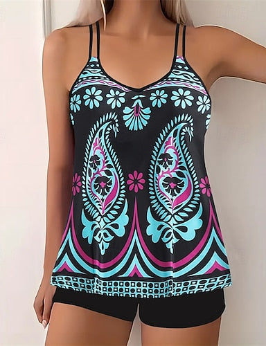 Tankini Two Piece Swimsuit Racerback Swimwear Swimwear Blue Yellow Quick Dry Lightweight Breathable Sleeveless - Surfing Beach Swimming Summer Spring