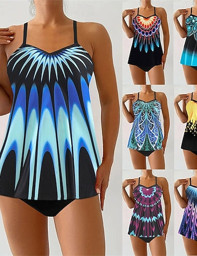 Tankini Two Piece Swimsuit V Neck Swimwear Swimwear Yellow Royal Blue Breathable Quick Dry Lightweight Sleeveless - Swimming Surfing Beach Summer Spring
