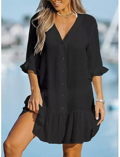 Swimwear Cover Up Swim Dress Dress Swimsuit Ruched Buttons Vacation Beach Wear Plain V Neck Short Sleeves Bathing Suits