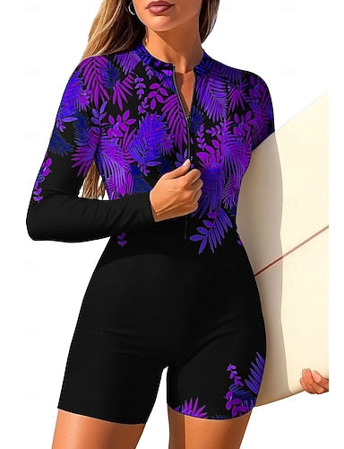 Rash Guard One Piece Surfing Suit Bathing Suit Tropical Color-blocking Zip Up With Built in Bra Removable Pad Uv Sun Protection Upf50+ Ultra Light (ul) Long Sleeve Swimwear Sun Shirt