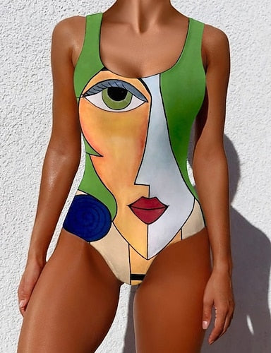 One Piece Swimsuit Slimming Monokini Briefs Tummy Control High Waist Slim Backless Vacation Ombre Graphic U Neck Sleeveless Bathing Suits