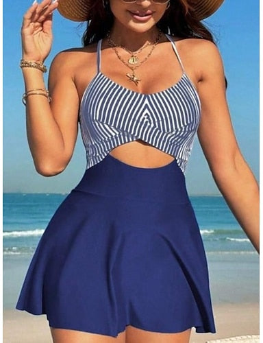 Swimwear One Piece Monokini Swim Dress Swimsuit Tummy Control High Waist Slim Backless Vacation Beach Wear Stripe Scoop Neck Sleeveless Bathing Suits