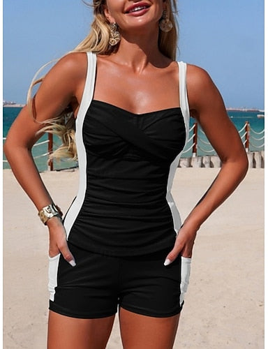 Swimwear Tankini 2 Piece Shorts Swimsuit High Waist Slim Backless Vacation Beach Wear Leopard Color Block V Neck Sleeveless Bathing Suits