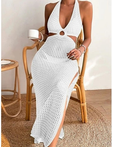 Cover Up Swimsuit Cutout Dress Cut Out Crochet Vacation Color Halter Neck Sleeveless Bathing Suits