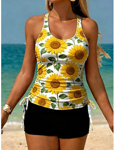 Swimwear Tankini 2 Piece High Waist Swimsuit Tummy Control High Waist Slim Backless Vacation Beach Wear U Neck Sleeveless Bathing Suits