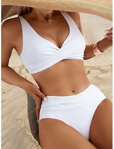 Swimwear Bikini Cheeky Swimsuit Vacation Color V Neck Sleeveless Bathing Suits