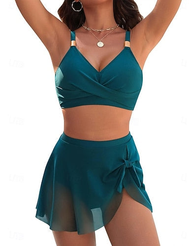 Swimwear Bikini 2 Piece Skirt Swimsuit Slim Backless Vacation Beach Wear Color V Neck Sleeveless Bathing Suits