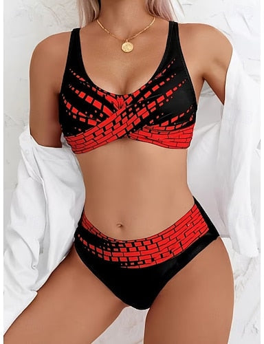 Bikini 2 Piece Swimsuit High Waist Stylish Graphic Striped V Neck Sleeveless Bathing Suits