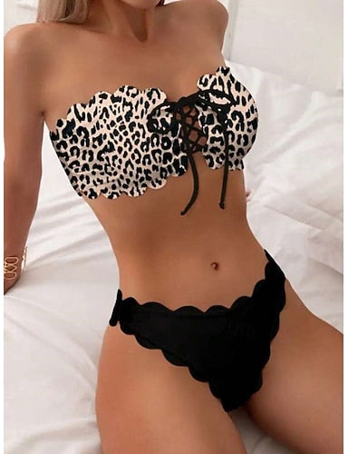 Bikini 2 Piece Swimsuit Underwire Leopard Cheeky Vacation Beach Wear Strapless Sleeveless Bathing Suits