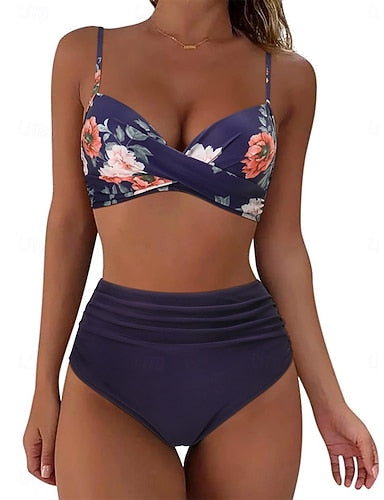 Bikini 2 Piece Swimsuit Ruched Underwire Briefs Slim Backless Vacation Beach Wear Graphic V Neck Sleeveless Bathing Suits