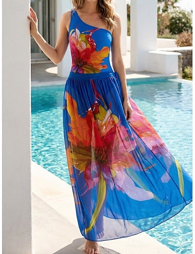 Swimwear 2 Piece Monokini Skirt Swimsuit Tummy Control High Waist Slim Backless Vacation Beach Wear Asymmetric Neck Sleeveless Bathing Suits