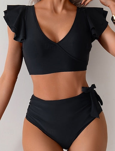 Swimwear 2 Piece Cheeky Swimsuit Ruched Patchwork Backless Vacation Beach Wear Color Block V Neck Sleeveless Bathing Suits