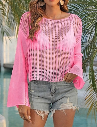Swimwear Cover Up Swimsuit Cut Out Vacation Beach Wear Color Round Neck Long Sleeve Bathing Suits