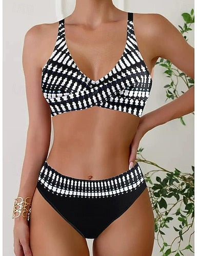 Swimwear Bikini 2 Piece Cheeky Swimsuit Backless Slim Vacation Beach Wear Color Block V Neck Sleeveless Bathing Suits
