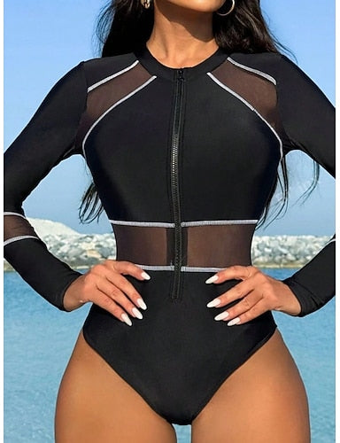 One Piece Swimsuit Zip Front Monokini Tummy Control High Waist Slim Vacation Beach Wear Color High Neck Long Sleeve Bathing Suits