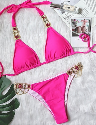 Normal Swimwear Bikini 2 Piece Thong Swimsuit Glitter Vacation Color Plunge Sleeveless Bathing Suits
