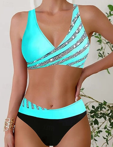 Tankini Two Piece Swimsuit V Neck Swimwear Stripes Swimwear Black Wine Breathable Quick Dry Lightweight Sleeveless - Swimming Surfing Beach Summer Spring