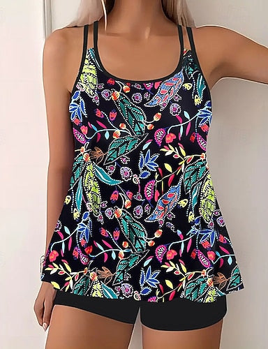 Swimwear 2 Piece Shorts Swimsuit Backless Vacation Beach Wear Graphic U Neck Sleeveless Bathing Suits