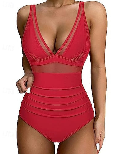 Swimwear One Piece Bikini Shorts Swimsuit Mesh Backless Vacation Beach Wear Color V Neck Sleeveless Bathing Suits