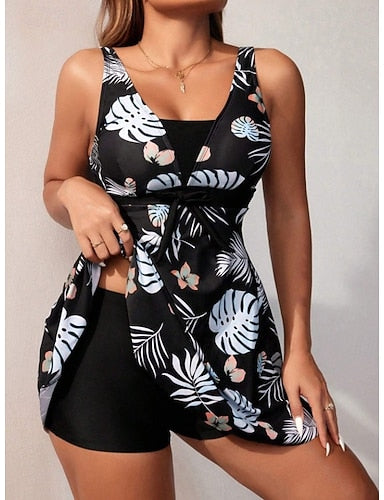 Swimwear Tankini 2 Piece High Waist Swimsuit Backless Vacation Beach Wear Graphic V Neck Sleeveless Bathing Suits