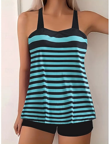 Tankini 2 Piece Swimsuit Colorblock Shorts Tummy Control High Waist Slim Backless Vacation Beach Wear Striped V Neck Sleeveless Bathing Suits