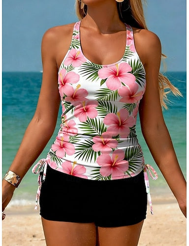 Swimwear Tankini 2 Piece High Waist Swimsuit Tummy Control High Waist Slim Backless Vacation Beach Wear U Neck Sleeveless Bathing Suits