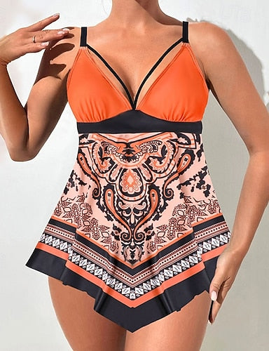 Swimwear 2 Piece Shorts Swimsuit Backless Vacation Beach Wear Graphic V Neck Sleeveless Bathing Suits
