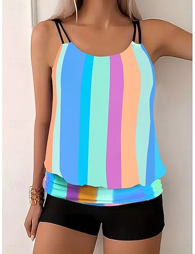 Tankini 2 Piece Swimsuit Colorblock Boy Leg Tummy Control High Waist Slim Backless Vacation Beach Wear Stripe Scoop Neck Sleeveless Bathing Suits