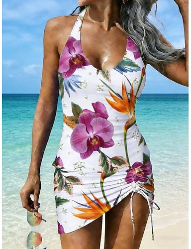 Swimwear Tankini 2 Piece Skirt Swimsuit Drawstring Halter Vacation Scoop Neck Sleeveless Bathing Suits