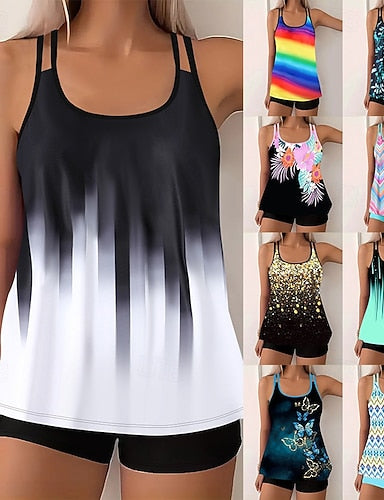 Tankini 2 Piece Swimsuit High Waist Tummy Control High Waist Slim Backless Vacation Beach Wear Ombre Geometric U Neck Sleeveless Bathing Suits