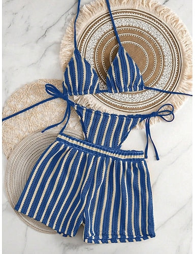 Bikini 2 Piece Swimsuit Thong Slim Backless Vacation Beach Wear Striped Halter Neck Sleeveless Bathing Suits