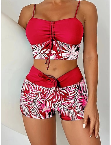 Swimwear Tankini Cheeky Swimsuit Patchwork Vacation Beach Wear Graphic Round Neck Sleeveless Bathing Suits