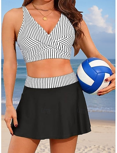 Bikini 2 Piece Swimsuit Skirt Slim Backless Vacation Beach Wear Striped V Neck Sleeveless Bathing Suits