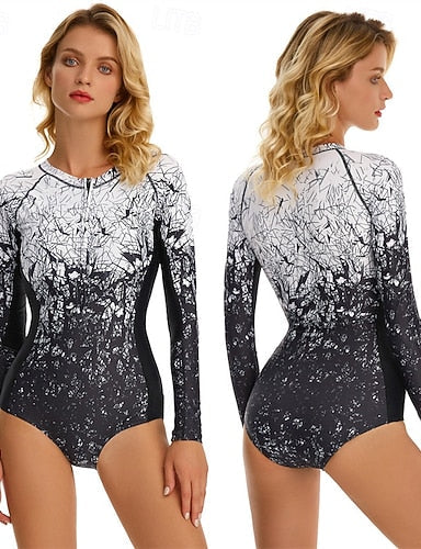 Rash Guard One Piece Swimsuit Printed Front Zip Spandex Uv Sun Protection Upf50+ Quick Dry Long Sleeve Bodysuit Bathing Suit Surfing Beach Water Sports Summer