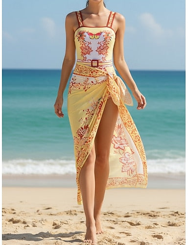 Swimwear One Piece 2 Piece Monokini Skirt Swimsuit Tummy Control High Waist Slim Backless Vacation Beach Wear V Neck Sleeveless Bathing Suits