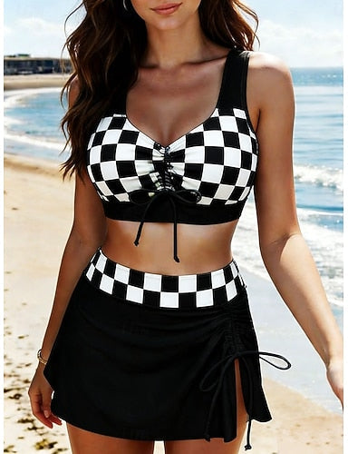 Swimwear Bikini 2 Piece Skirt Swimsuit Tummy Control High Waist Slim Backless Vacation Graphic Plaid Scoop Neck Sleeveless Bathing Suits