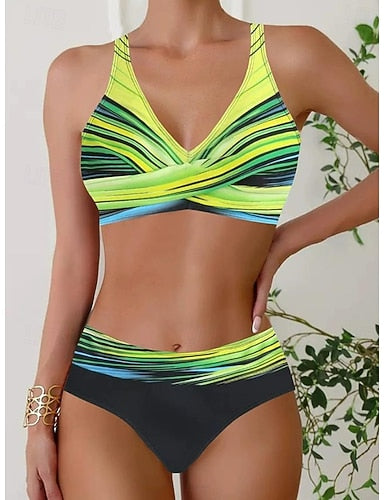 Swimwear Bikini 2 Piece Cheeky Swimsuit Backless Slim Vacation Beach Wear Color Block V Neck Sleeveless Bathing Suits