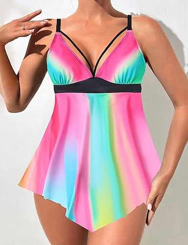 Swimwear 2 Piece Shorts Swimsuit Backless Vacation Beach Wear Graphic V Neck Sleeveless Bathing Suits