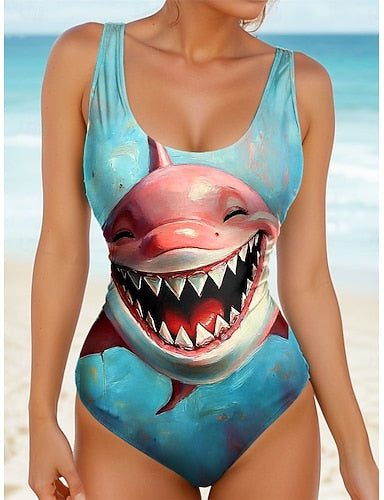 Swimwear One Piece Monokini Briefs Swimsuit Tummy Control High Waist Slim Backless Vacation Graphic Animal U Neck Sleeveless Bathing Suits