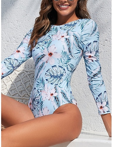 Swimwear One Piece Monokini Swimsuit Tummy Control High Waist Slim Backless Vacation Beach Wear Round Neck Long Sleeve Bathing Suits