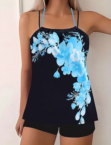 Swimwear Bikini 2 Piece Shorts Swimsuit Backless Vacation Beach Wear Round Neck Sleeveless Bathing Suits