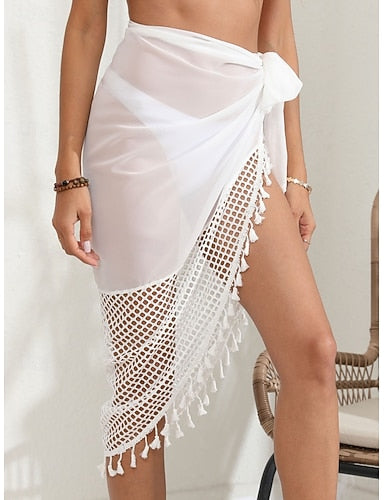Cover Up Swimsuit Wrap Fringe Hem Vacation Beach Wear Color Sleeveless Bathing Suits
