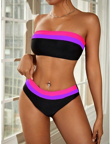 Swimwear Bikini 2 Piece Cheeky Swimsuit Slim Backless Vacation Beach Wear Stripe Strapless Sleeveless Bathing Suits