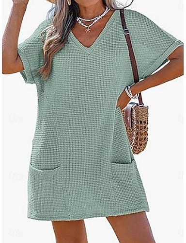 Swimwear Cover Up Swim Dress Dress Swimsuit Patchwork Pocket Vacation Beach Wear Plain V Neck Short Sleeves Bathing Suits