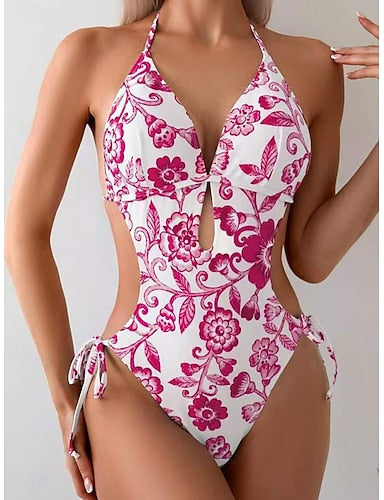 Swimwear One Piece Bikini High Waist Swimsuit Ruched Patchwork Vacation Beach Wear Graphic Halter Neck Sleeveless Bathing Suits