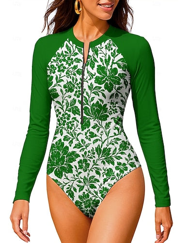 Standard Rash Guard Bathing Suit One Piece Swimsuit Tropical Color-blocking With Built in Bra Upf50+ Uv Protection Stretchy Long Sleeve Swimwear Bodysuit Surfing Beach Water Sports