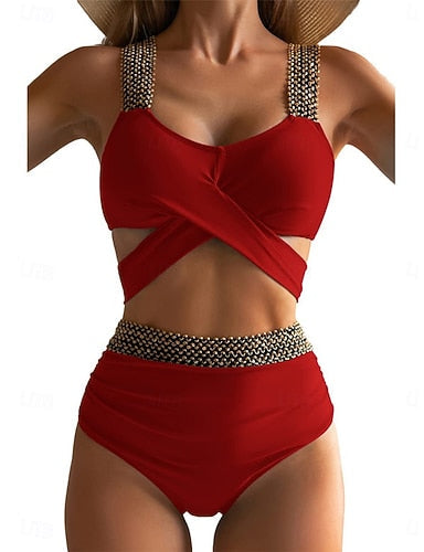 Bikini 2 Piece Swimsuit Cutout Briefs Slim Backless Vacation Beach Wear Color V Neck Sleeveless Bathing Suits