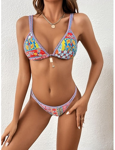 Bikini 2 Piece Swimsuit Thong Slim Backless Vacation Beach Wear Graphic V Neck Sleeveless Bathing Suits