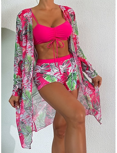 Bikini 3 Piece Swimsuit Palm Shorts Slim Backless Vacation Tropical V Neck Long Sleeve Bathing Suits
